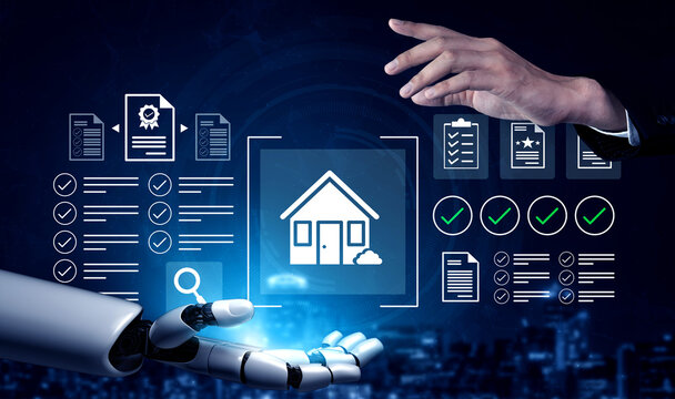 A futuristic scene depicting a collaborative interaction between a human hand and a robot hand in the realm of real estate, showcasing digital documents and property icons. Gantry