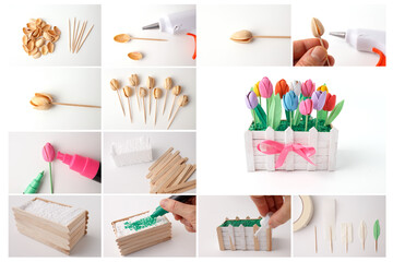 Step-by-step tutorial diy pistachio shell flowers craft kids activity project creative recycling handmade spring tulip bouquet home decor school art lesson hobby instruction wooden planter box