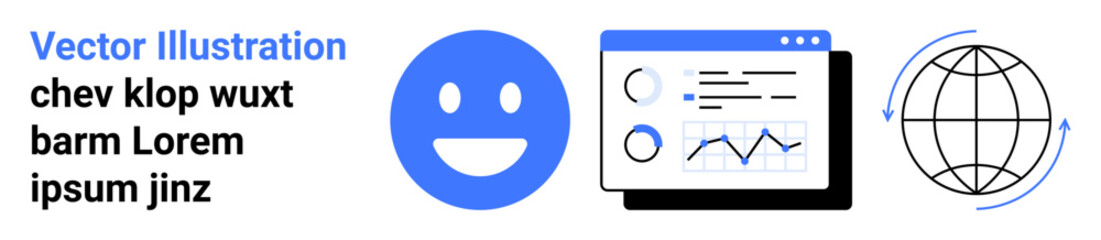 Fototapeta premium Data analysis, global communication, technology use, user experience, web analytics, networking concepts. Smiling face, graph on screen globe icon. Data analysis and global communication concept