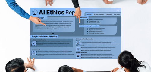 A diverse team engaged in a vital discussion on AI ethics, focusing on guidelines and resources for...