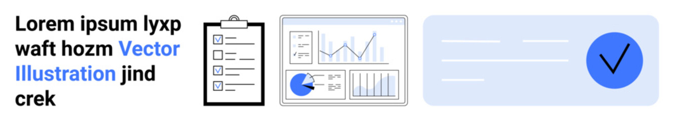 Obraz premium Chart displays, checklist clipboard, and confirmation icon emphasize analytics, planning, and decision-making. Ideal for reporting, project tracking, data management, workflow organization