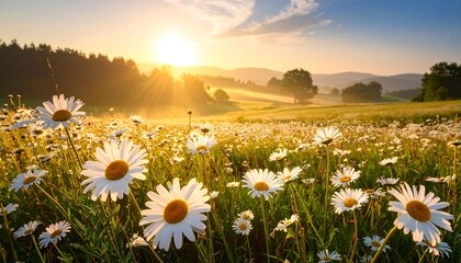 A vibrant sunrise casts golden light over a field of daisies and rolling green hills