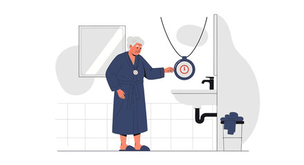 Elderly woman activating personal emergency response system in bathroom for safety assistance