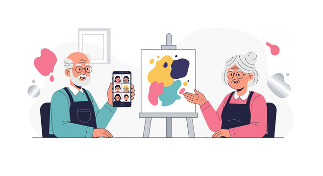 Elderly couple engaging in virtual art class with family displayed on smartphone screen showing