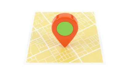 Orange map pointer with green circle isolated PNG, location pin on city map for navigation and travel planning on transparent background