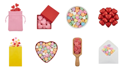 Heart shaped candy set including conversation hearts, gummy hearts, and chocolate hearts in various packaging isolated. Valentine day and holiday sweets collection.