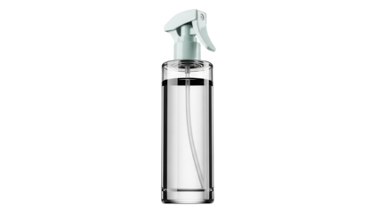 Clear spray bottle with light green nozzle isolated PNG, cleaning product for household and personal care on transparent background