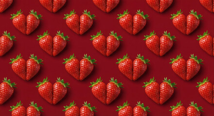 Seamless photorealistic pattern of heart-shaped strawberries with green stems. High-resolution top view of ripe red berries on a flat red background for Valentine&rsquo;s Day and food designs.