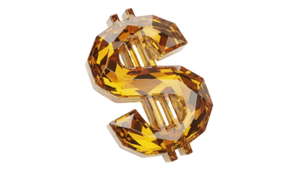 Golden dollar sign PNG isolated on transparent background, faceted crystal money symbol for finance and investment concepts