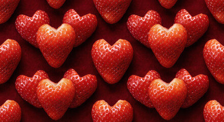 Seamless photorealistic pattern of heart-shaped strawberries on a dark red velvet background. High-resolution top view of ripe red berries for Valentine&rsquo;s Day, food, and romantic designs.