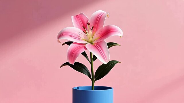 PinkLilyinBlueVaseonSoftPinkBackground