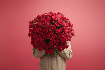 Person holding a large bouquet of red roses against a pink background.