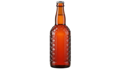 Amber beer bottle with diamond pattern isolated PNG, alcoholic beverage container for pubs and restaurants on transparent background