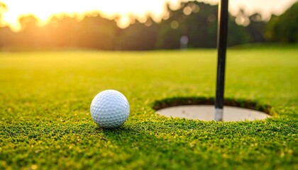 Golf ball near the hole on a sunny green course. Soft focus, warm light, outdoors