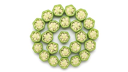 Fototapeta premium Okra slices arranged in a circular pattern on white background