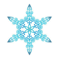 Fototapeta premium Blue template snowflake with shadow. Isolated snowflakes icon, round mandala. Winter Holiday cartoon flat illustration. Merry Christmas and New year Vector. Hand draw style.