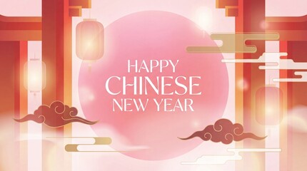 Happy Chinese New Year background, lunar festival vector illustration with red lanterns, oriental clouds, glowing gate, pastel gradient wallpaper for web banner and holiday greeting card.
