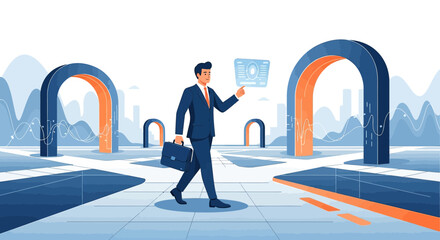 Businessman navigating technological landscape with augmented reality interface for future