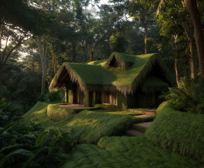 Eco friendly grass roof house built into a lush forest hillside with natural landscaping