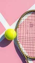 Tennis racket and ball on pink court with white lines and stripes