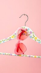 Fashionable pink sunglasses hanging on floral hanger against soft pink background