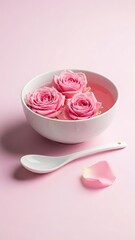 Delicate pink roses floating in a white bowl with a spoon on a soft pink background