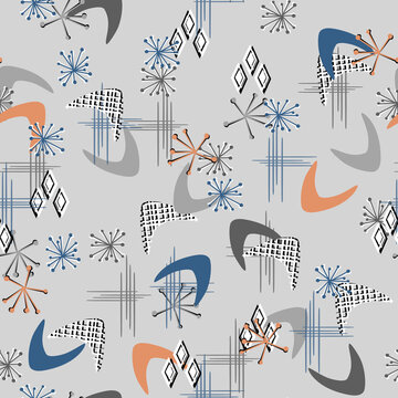 Peach Blue and Grey and Retro 60 Print Seamless Repeat