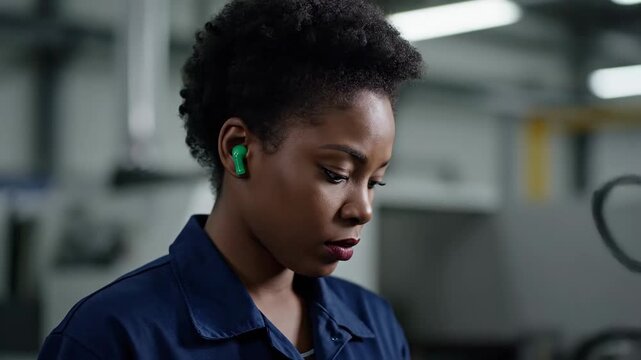 Focused Black woman in industrial setting with earplugs