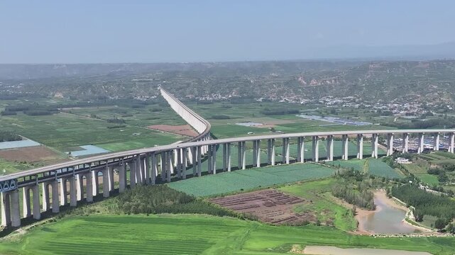 Sanmenxia Railway Viaduct Aerial View Over Green Valley