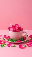 Beautiful pink rose petals in a cup with sparkling green jewels on a pink background
