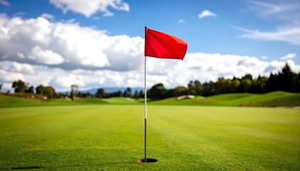 Vibrant red flag marking the hole on a beautiful golf course green under a cloudy blue sky.