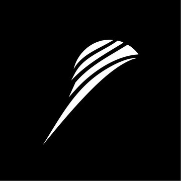 White abstract curved design with parallel lines on a black background, suggesting motion or a stylized feather.