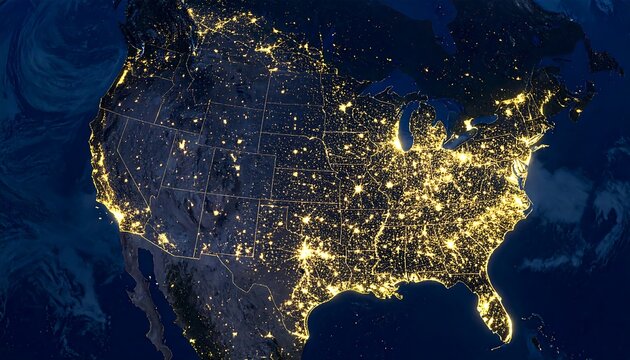 Satellite view of the United States at night showcasing city lights against dark ocean