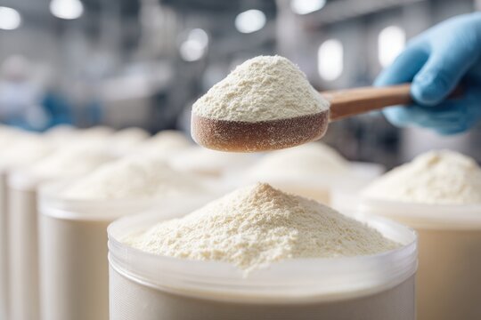 Food production worker scoops powdered milk into containers at a factory