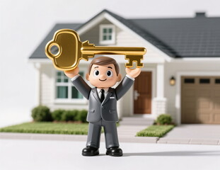 A real estate businessman model holds a golden key to a new country house.