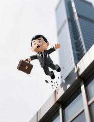 A businessman with a briefcase jumps out of his skyscraper office, financial crisis, falling chart