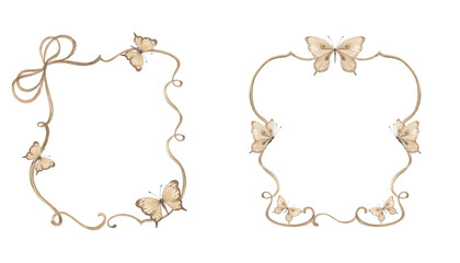 Watercolor elegant frames. Beige frames. Texture, set for decor. Frames with butterflies. Beige brown watercolor butterflies. Wedding invitations, cards.