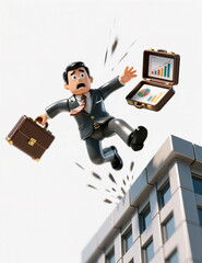 A businessman with a briefcase jumps out of his skyscraper office, financial crisis, falling chart