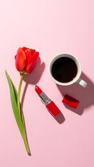 Beautiful red tulip and lipstick with coffee on pink background
