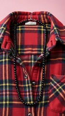 Fashionable red plaid shirt with black beads on a pink background, perfect for stylish occasions