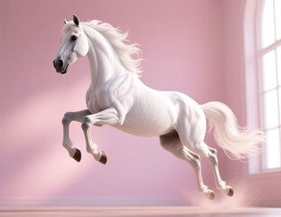 Running graceful fast horse on pink soft background.