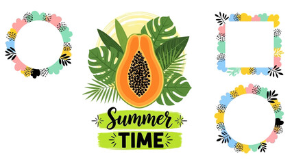 Summer themed illustration with papaya and tropical leaves surrounded by colorful frames © John