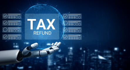 A conceptual image featuring a robotic hand presenting a digital tax refund sign, symbolizing the intersection of technology and finance in modern tax processes. Gantry