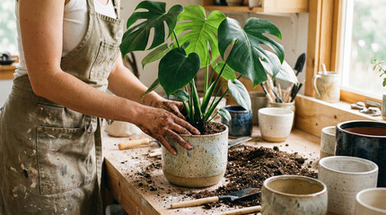 Hands of Woman Artisan Potting Monstera Plant in Handmade Ceramic Planter