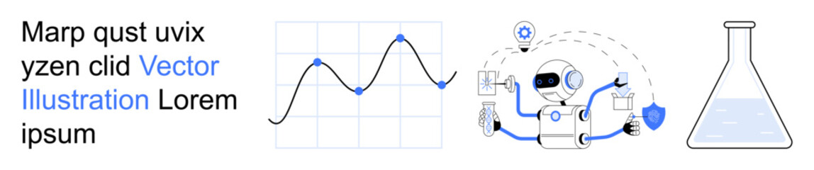 Data analytics, artificial intelligence, scientific research, robotics, innovation, laboratory experiments. A graph, a robot with icons and a flask. Data analytics and AI technology