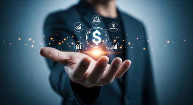 Digital finance concept showing glowing dollar icon with savings investment charts and futuristic banking technology in human hand - Powered by Adobe