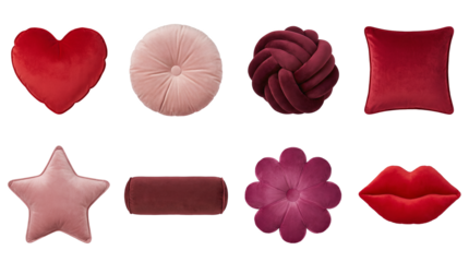 Velvet decorative pillow set including heart, round, knot, square, star, bolster, flower, and lips shapes isolated. Soft luxury home decor collection.