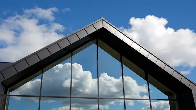 Modern building with reflective glass and triangular roof