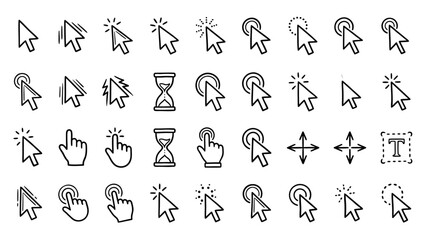 Cursor and Gesture Vector Icon Set &ndash; Black and White Line Art for UI Design, Click, Drag, Zoom, Interaction Symbols, Web and App Interfaces