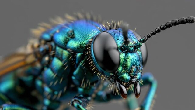 Extreme Macro of a Metallic Blue Cuckoo Wasp with Shimmering Exoskeleton Details